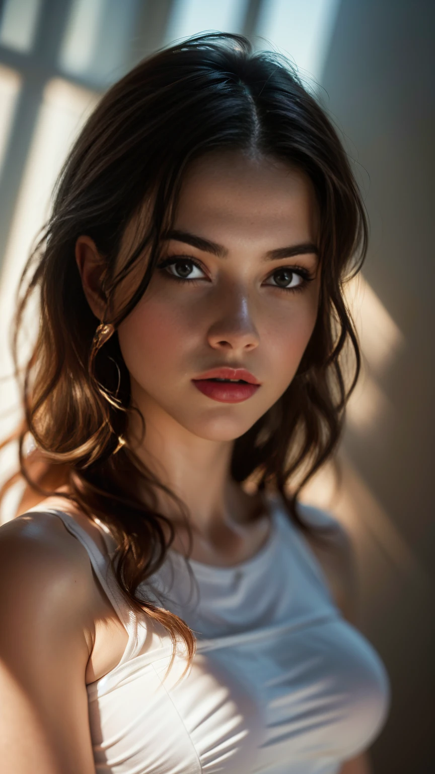 (((ultra realistic))) Photo, masterpiece, top quality, (pale skin), (Ultra detailed face and eyes:1.3), 1 girl, Adult, in a T-shirt, full body, (Eye makeup, mascara) , ((large detailed lips)), ((ash wavy hair)), ((Chyolka)) , (Natural breasts), Slim waist. ((Posing)), photoshoot, studio (soft lighting), (The play of light and shadows), depth of field, bokeh, (special attention to skin detail: 1.2), Detailed leather texture, skin pores. (Airy atmosphere of the frame. Color range - delicate, Bright, white, Pink tones), UDR, ((Film grain)), ((rays)), ((glare of the sun)), ((waist up portrait, close to the camera)) , ultra detialed, 