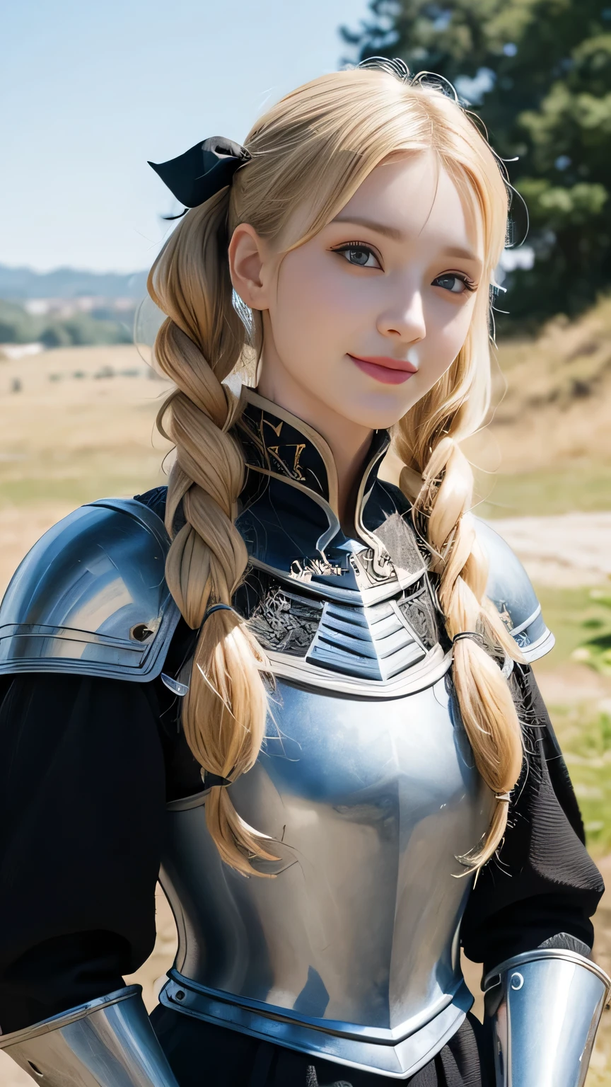 Highest quality、masterpiece、Delicate and beautiful face、Eye and facial details、female knight、Beautiful woman、Black clothes、Cosplay、Medieval European Background、Textured skin、Super Detail、Attention to detail、Blonde、Blue Eyes、smile、Twin tails