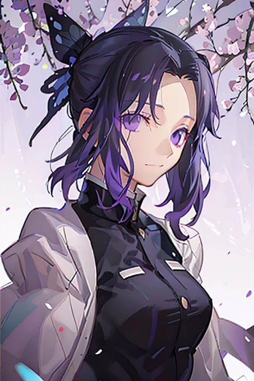 masterpiece),best quality,good anatomy, 1 girl, girl, upper body portrait, dynamic lighting, cinematic shadows, purple glowing sakura in the background, midnight, perfect skin, perfect chin, looking at viewer, slighting squinting eyes, soft smiling, white robe, black hair, purple eyes, beautiful, beautiful scenary