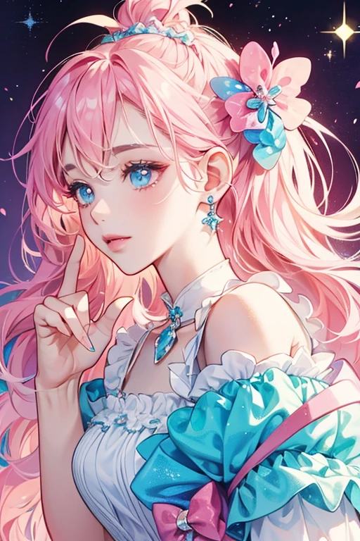 A glittering split-colored gummy GIRL bear with a basic face and a slightly pale pink bow on the right ear. Her left side is pink, the right is ice blue. SPARKLE; GLITTER