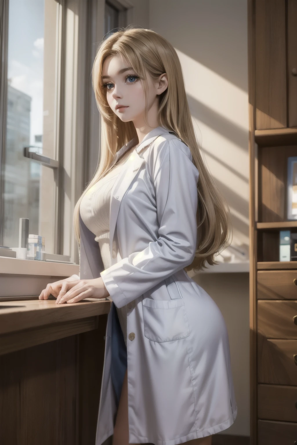 Best quality, (masterpiece:1.2), illustration, (Beautiful detailed girl), gentle face, Soft light and shadows, super excellent, 8к HD, (masterpiece:1.4), (finely detailed beautiful eyes: 1.2), in the lab, doctor, в full height, 20 years, future, in clothes, robe, white long hair, tech suit of the future, full height