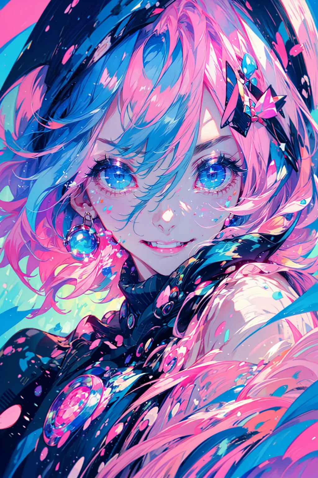 1lady,solo,cool,smile,blue eye and pink eye,blue hair and pink hair,upper body,stare intently,from the front,colorful lady,vivid,colorful,brilliant,glorious