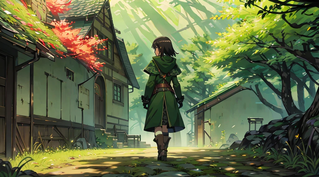 yuichiro hyakuya girl, (WithoutFear:1), 1 girl, black hair, green eyes, brown coat, gray armor, elves, sylvan, green shield, green cloak, dark brown gloves, forest, white fur trim, anime, standing, good quality, portrait, looking at viewer