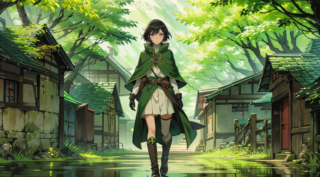 yuichiro hyakuya girl, (WithoutFear:1), 1 girl, black hair, green eyes, brown coat, gray armor, elves, sylvan, green shield, green cloak, dark brown gloves, forest, white fur trim, anime, standing, good quality, portrait, looking at viewer