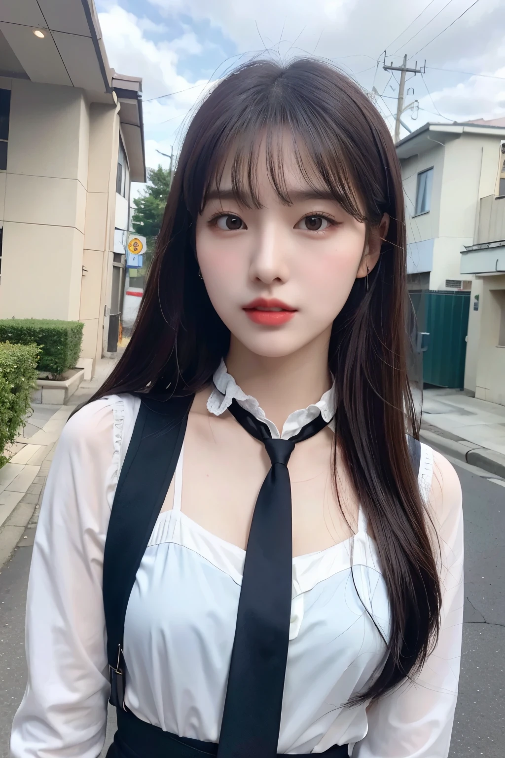(Real, High Resolution: 1.3), 1 Girl with Perfect Body, H1-KEY HWISEO, 42 years old, ((h1-key hwiseo)), creates a photo of a young woman with long black hair standing on the street please. Residential area. In the background are houses, power lines, and a slightly cloudy sky. She has a calm and slightly curious expression and is wearing a white blouse and a black ribbon tie. Selfie angle. Close-up.