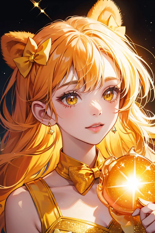 A glittering orange gummy GIRL bear with basic face and a yellow bow on the right ear. SPARKLE; GLITTER