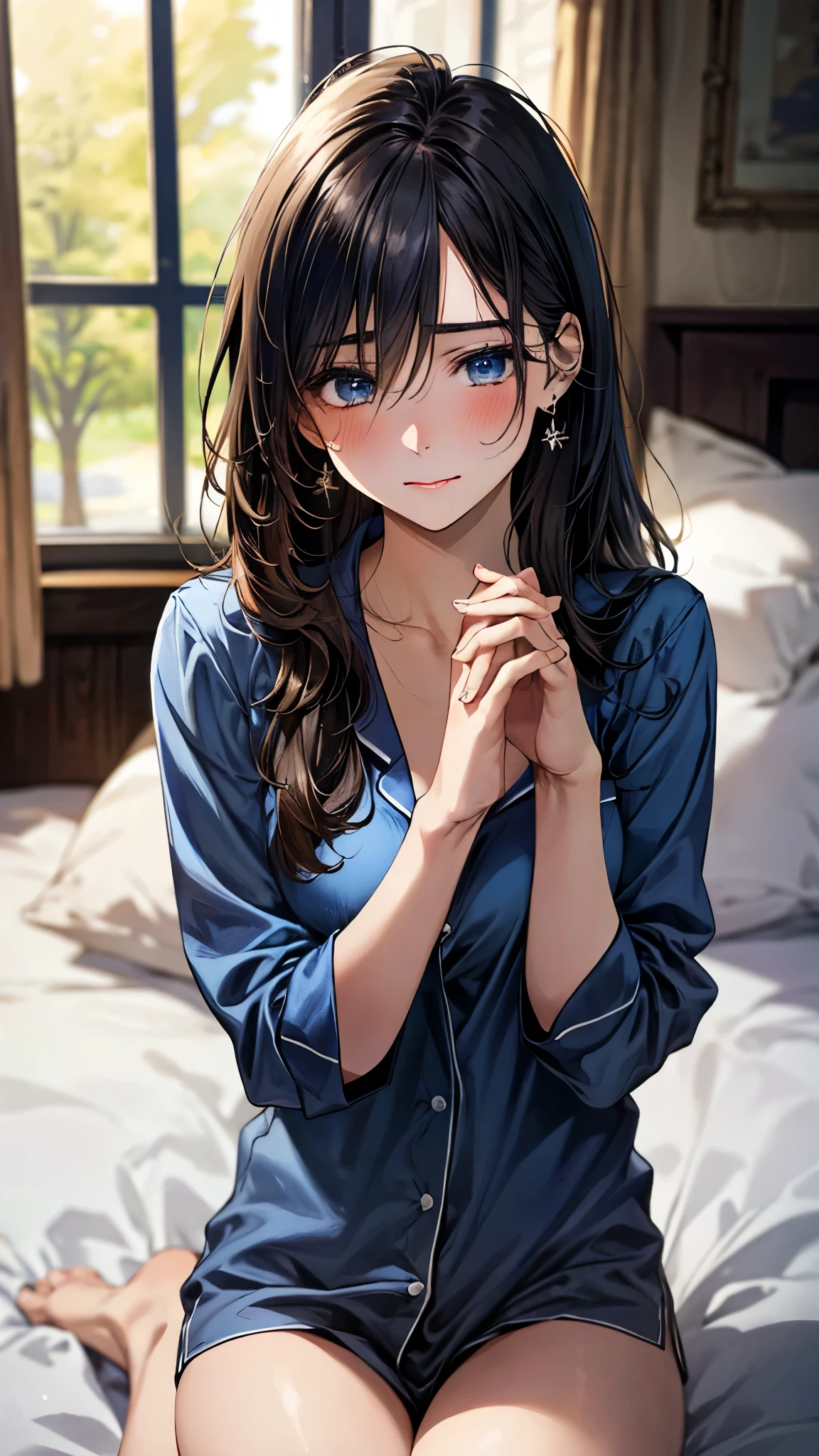 (masterpiece:1.3, top-quality, ultra high res, ultra detailed), (realistic, photorealistic:1.4), beautiful illustration, perfect lighting, colorful, depth of fields,
beautiful detailed hair, beautiful detailed face, beautiful detailed eyes, beautiful clavicle, beautiful body, beautiful chest, beautiful thigh, beautiful legs, beautiful fingers,
looking at viewer, (face focus, upper body), 1 girl, high school girl, (perfect anatomy, anatomically correct, super detailed skin), perfect face, perfect eyes, cute and symmetrical face, babyface,
(long hair:1.5, messy hair, black hair), hair between eyes:0.7, marine blue eyes, slant eyes, big eyes, long eye lasher, (medium breasts, seductive thighs), slender, shiny skin, glowing skin,
(navy pajama set),
(beautiful scenery), evening, (bedroom:1.2), kneeling, (own hands clasped), (embarrassed, upper eyes),