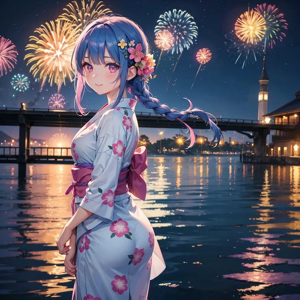Sky Blue Medium Hair, (Straight braided hair),(Pink Eyes),Fair skin ,(whole body),(1 girl)、Floral Yukata、summer night、Fireworks on the lake、Big fireworks、A happy smile、Straight bangs,(masterpiece, Highest quality, Very detailed, Best Shadow), (Detailed Background), (Beautifully detailed face), High Contrast, (Best lighting, Very delicate and beautiful), ((Cinematic Light)), colorful, Hyper Detail 8k, Dramatic Light, Intricate details,Fireworks light reflected on the water