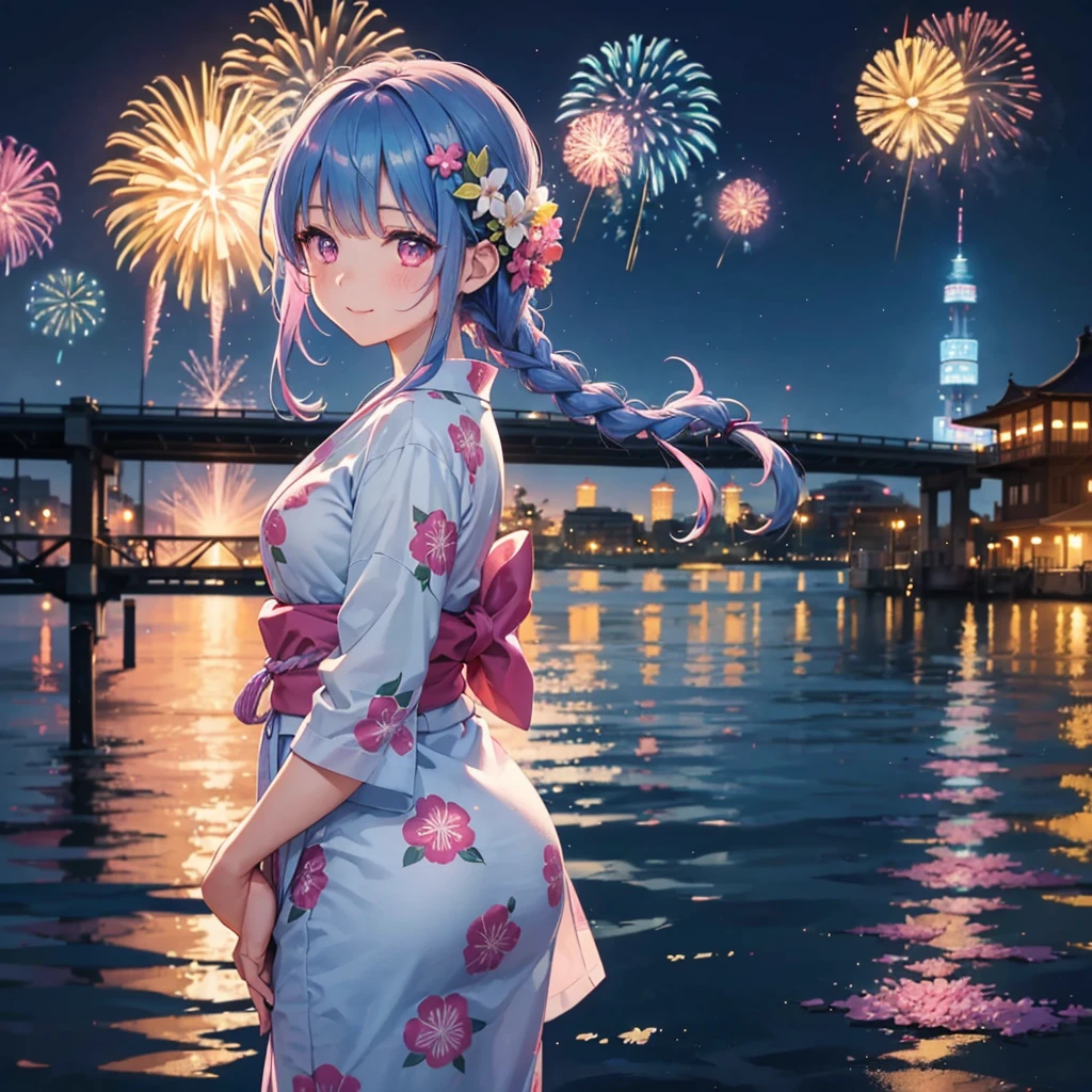 Sky Blue Medium Hair, (Straight braided hair),(Pink Eyes),Fair skin ,(whole body),(1 girl)、Floral Yukata、summer night、Fireworks on the lake、Big fireworks、A happy smile、Straight bangs,(masterpiece, Highest quality, Very detailed, Best Shadow), (Detailed Background), (Beautifully detailed face), High Contrast, (Best lighting, Very delicate and beautiful), ((Cinematic Light)), colorful, Hyper Detail 8k, Dramatic Light, Intricate details,Fireworks light reflected on the water