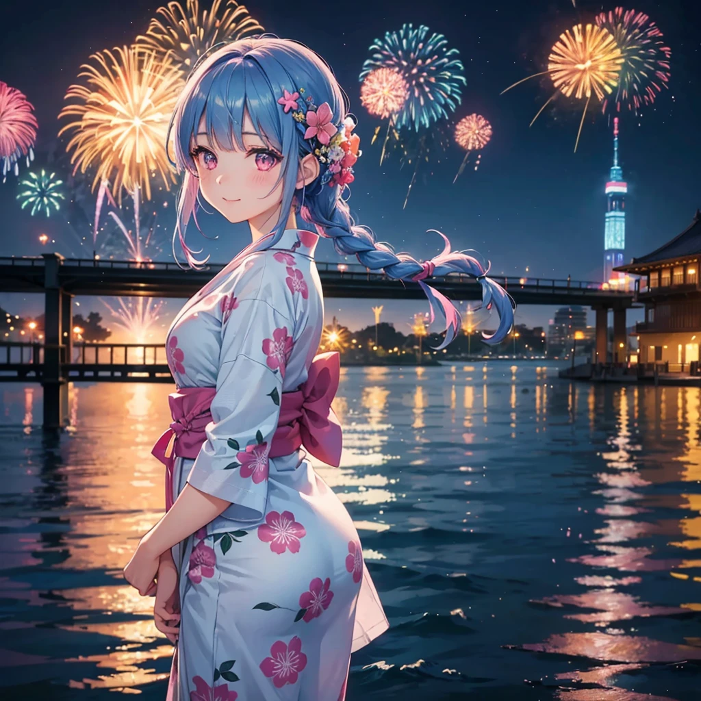 Sky Blue Medium Hair, (Straight braided hair),(Pink Eyes),Fair skin ,(whole body),(1 girl)、Floral Yukata、summer night、Fireworks on the lake、Big fireworks、A happy smile、Straight bangs,(masterpiece, Highest quality, Very detailed, Best Shadow), (Detailed Background), (Beautifully detailed face), High Contrast, (Best lighting, Very delicate and beautiful), ((Cinematic Light)), colorful, Hyper Detail 8k, Dramatic Light, Intricate details,Fireworks light reflected on the water