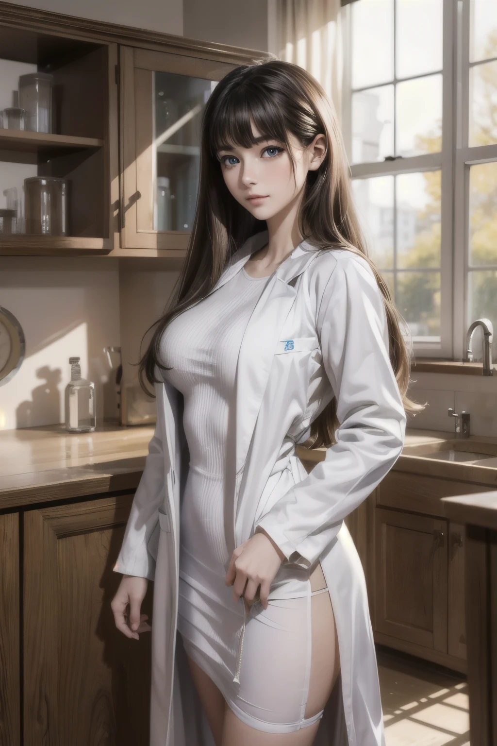 (masterpiece, best quality, RAW photo, realistic),-yeld giwith long reddish brown hair, bangs, hair between eyes, posing seductively on a photoshoot, hands massaging breasts, warm lighting, sexy catgirl cosplay outfit, cat ears, naked, exposed chest, small boobs, ((open white lab coat)), exposed genitalia, blurry foreground, ((blue eyes)), pubic hair, ((flat chest, smallest breasts))