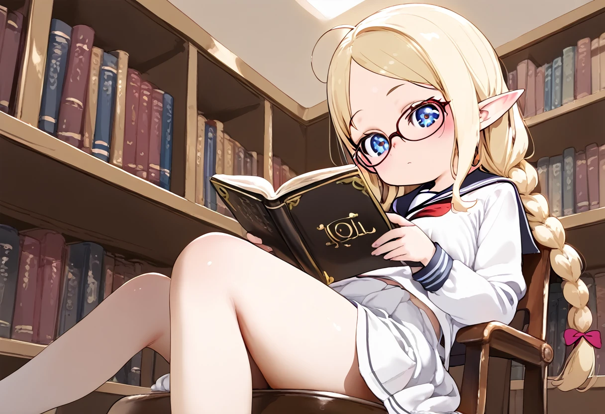 ((masturbation)), ((nsfw)), 8k, ((li)), solo, glossy blonde hair, forehead, blue eyes, beautiful detailed eyes, ahoge, elf, ((blush:1.2)), library, medium breasts, sitting on the chair, long hair, single braid, closed mouth, glasses, reading a book, serafuku, ((from below)), white panties