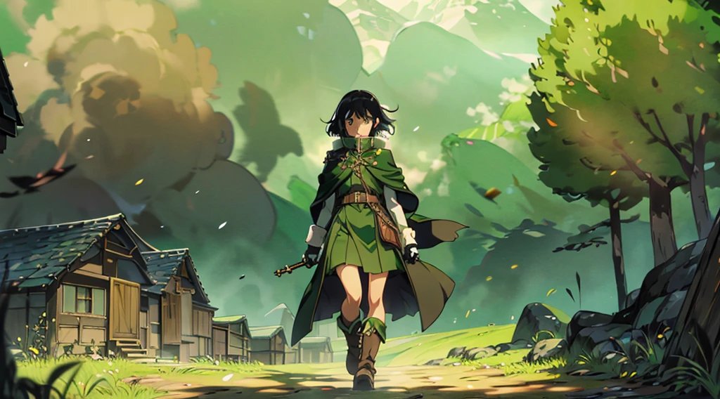 yuichiro hyakuya girl, (WithoutFear:1), 1 girl, black hair, green eyes, brown coat, gray armor, elves, sylvan, green shield, green cloak, dark brown gloves, forest, white fur trim, anime, standing, good quality, portrait, looking at viewer