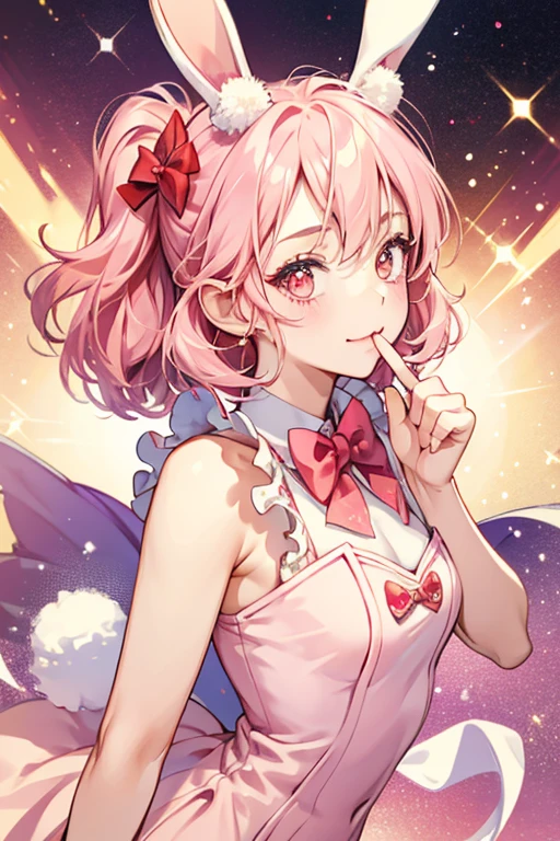 A red gummy Num with a winking eye and a slanted mouth. She is covered with glitter and she has bunny ears coated with glitter as well. She wears a pastel pink bow adorning her ears. SPARKLE; GLITTER