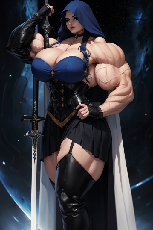 ((Close-up)), tall, (royal blue hair) beautiful muscular woman, long wavy curly hair, pale white skinned, closed smile, big breast, (black lipstick), ((massive muscles)), (hyper muscle), ((ginormous bulky muscles)), glowing white eyes, ((black hooded coat with a long pleated skirt)), (black corset), (long pleated skirt), (carrying a giant wind sword), choker, thigh high boots, (Dark and moody universe:1.3)