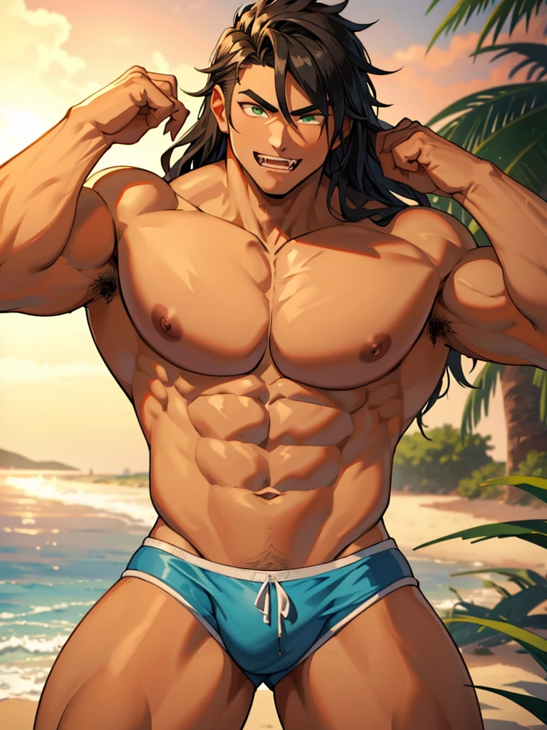 male boy bodybuilder flexing sexy in a beach, spoiled boy, arrogant attitud, indulged rich boy, anime style, rich boy, sexy thongs, arrogant smiling, 23 years old, handsome, long hair, sexy haircut, mullet haircut, big & heavy muscle, big legs, defined body, barefoot, topless, big fangs, sexy fangs, fangs, black hair, shirtless, abs, extremely defined muscles, handomse, high quality, 4k, green eyes, sexy look, sexy pose, bara, close up, heavy muscle, big muscles, ((best quality))), ((ultra-detailed))