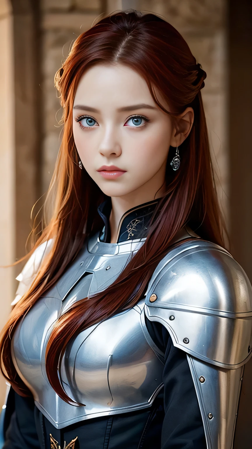 Highest quality、masterpiece、Delicate and beautiful face、Eye and facial details、female knight、Beautiful woman、Black clothes、Cosplay、Medieval European Background、Textured skin、Super Detail、Attention to detail、Red hair、Blue Eyes、、Angry face