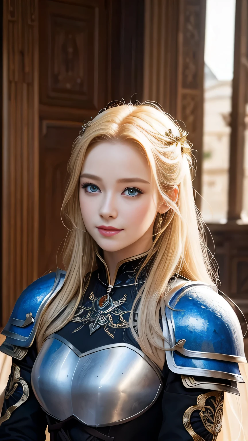 Highest quality、masterpiece、Delicate and beautiful face、Eye and facial details、female knight、Beautiful woman、Black clothes、Cosplay、Medieval European Background、Textured skin、Super Detail、Attention to detail、Blonde、Blue Eyes、smile