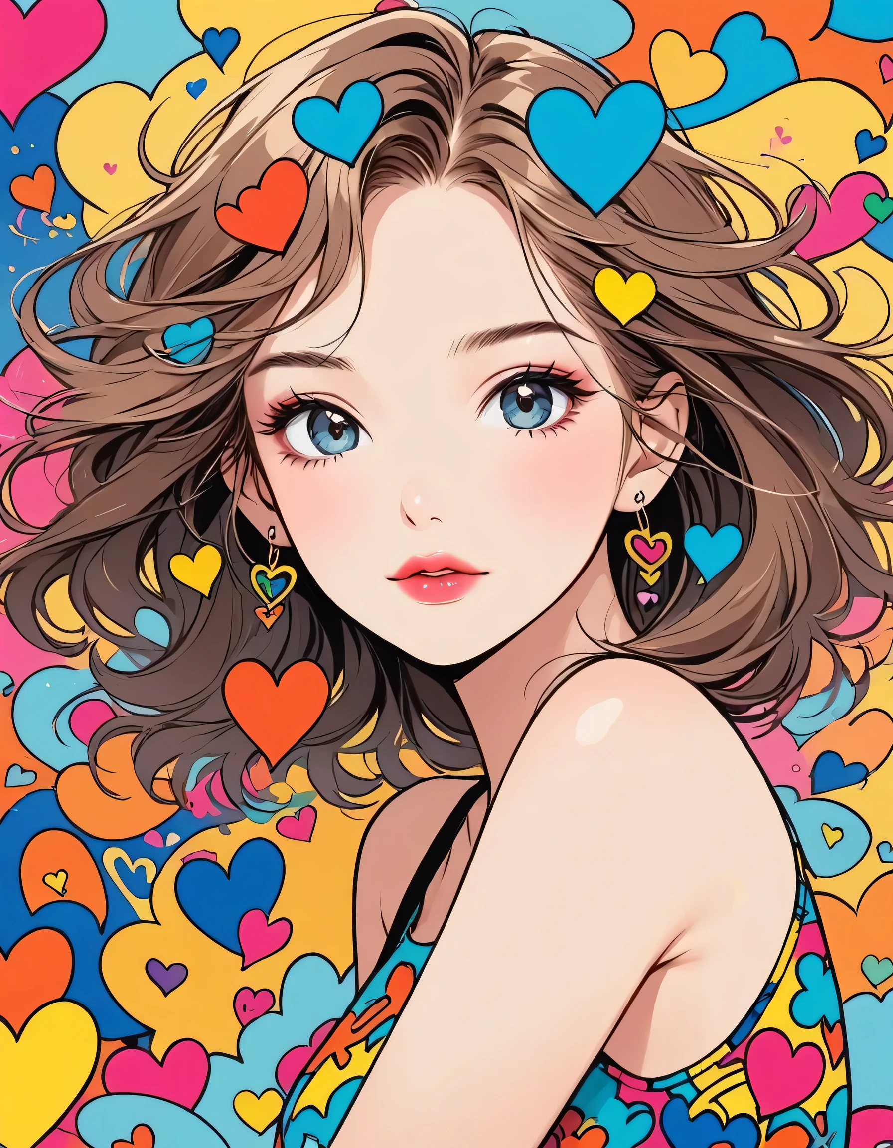Keith Haring colorful style, Simple Line Initialism,Abstract art,Urban Background, (((The most beautiful girl of all time))), Sweet face. Lips in love, colorful hearts, stylish design
