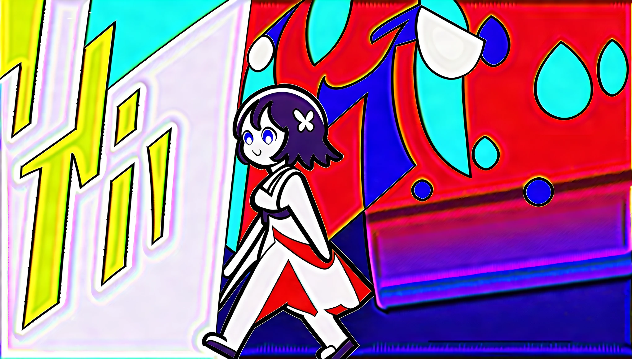 There is a wall in the background、There are beautiful paintings on the walls、A cute girl walking in front of the wall、Walking with a smile、Cute Shoes、Ultra-detailed eyes、Full Paint、splash、Flower Hair Ornaments、Butterfly Hair Ornament、Shooting from the side