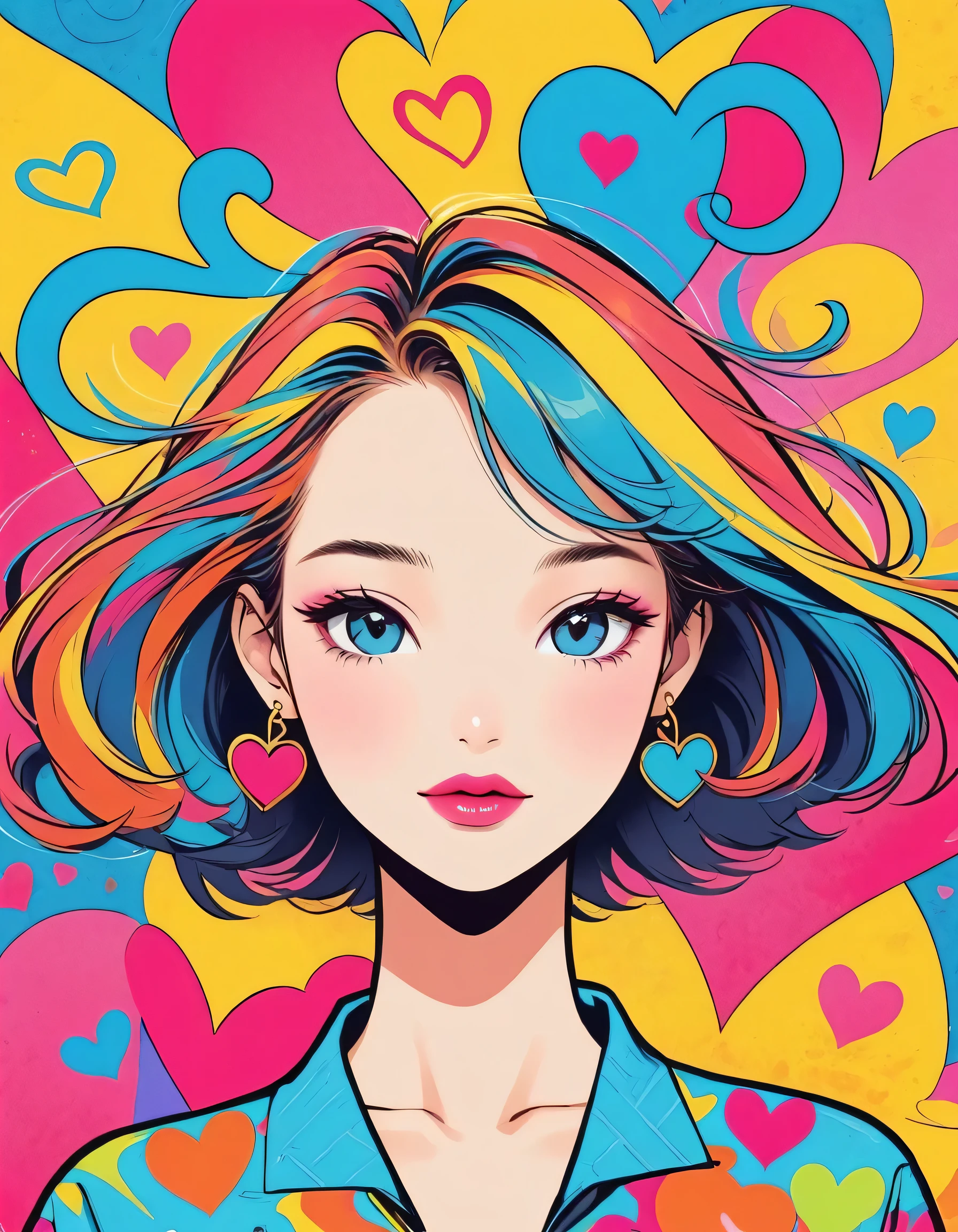 Keith Haring colorful style, Simple Line Initialism，Abstract art，Urban Background, (((The most beautiful girl of all time))), Sweet face. Lips in love, colorful hearts, stylish design