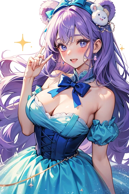 A gelatin GIRL bear Num with a closing eye, winking eye, pale blushed cheeks and a wide opened mouth. She is covered with glitter and her body is blue. She wears a purple bow on her head. SPARKLE; GLITTER