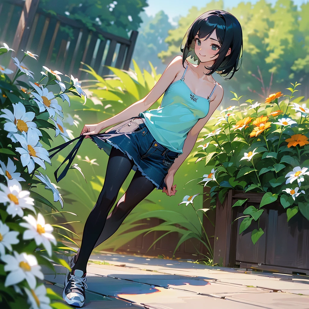(high quality, High resolution, Very detailed, reality:1.37), Peaceful atmosphere, (Outdoor, garden), Teenage girl standing alone, (my breasts are big.), Beautiful details, Cute Smile, (Black bob hair), camisole, Denim shorts, Black tights, sneakers.