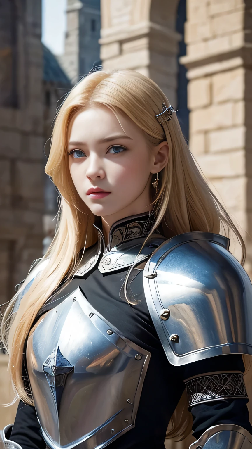 Highest quality、masterpiece、Delicate and beautiful face、Eye and facial details、female knight、Beautiful woman、Black clothes、Cosplay、Medieval European Background、Textured skin、Super Detail、Attention to detail、Blonde、Blue Eyes、He has a big sword and a big shield、Angry face