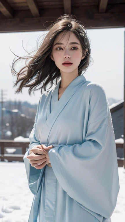 A beautiful woman, kimono that does not expose much of her skin.,(((In the moonlight of a blizzard, a woman looking good in a kimono with Japanese pattern,Floral scrunchie.))),Full-body photography from the ceiling,best image quality,professional angle of view,Exceptional detail,Super high resolution,realistic:1.4),high detail,focus on details,1girl concentrated in high concentration,long hair,delicate and beautiful face,The best smile with raised eyebrows and corners of the mouth,((glowing glass eyes)),
