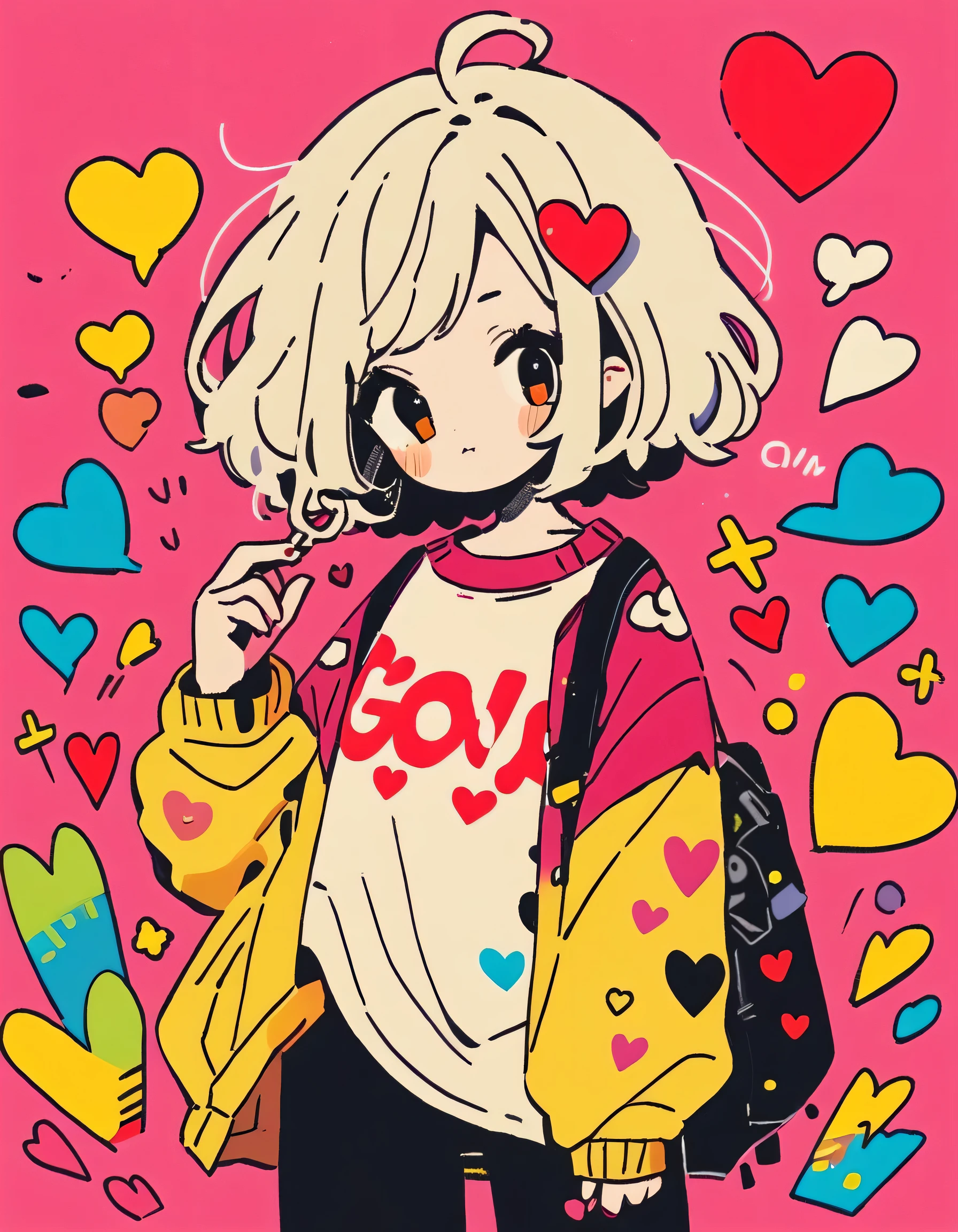 Mika Pikazo style, Simple Line Initialism,Abstract art,Urban Background, colorful hearts ,(((The most beautiful girl of all time))), Sweet face. Lips in love
