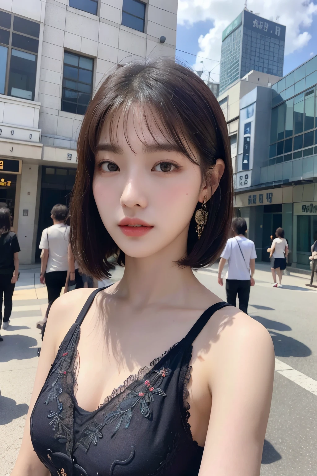 (Realistic, High Resolution: 1.3), 1 Girl with Perfect Body, H1-KEY HWISEO, 42 years old, ((h1-key hwiseo)), ((Tattoo on shoulder and arm)),Create an image of a young woman with a short bob cut taking a selfie on a city street。Close-up、building in the background、City sign、There is a slightly cloudy sky。She has a calm, expressionless face.、She is wearing a sheer embroidered top。