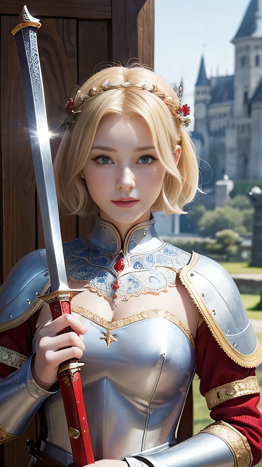 high quality、masterpiece、Delicate and beautiful face、Eye and facial details、Beautiful woman、Cosplay、Medieval European Background、Textured skin、Super Detail、Attention to detail、Blonde、blue eyes、Short Hair、Smiling face、Cosplay、Holding a huge Western sword、Princess Knight、Wearing red armor