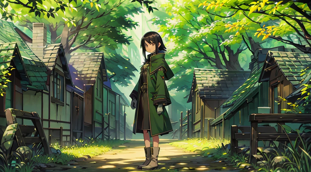 yuichiro hyakuya girl, (WithoutFear:1), 1 girl, black hair, green eyes, brown coat, gray armor, elves, sylvan, green shield, green cloak, dark brown gloves, forest, white fur trim, anime, standing, good quality, portrait, looking at viewer