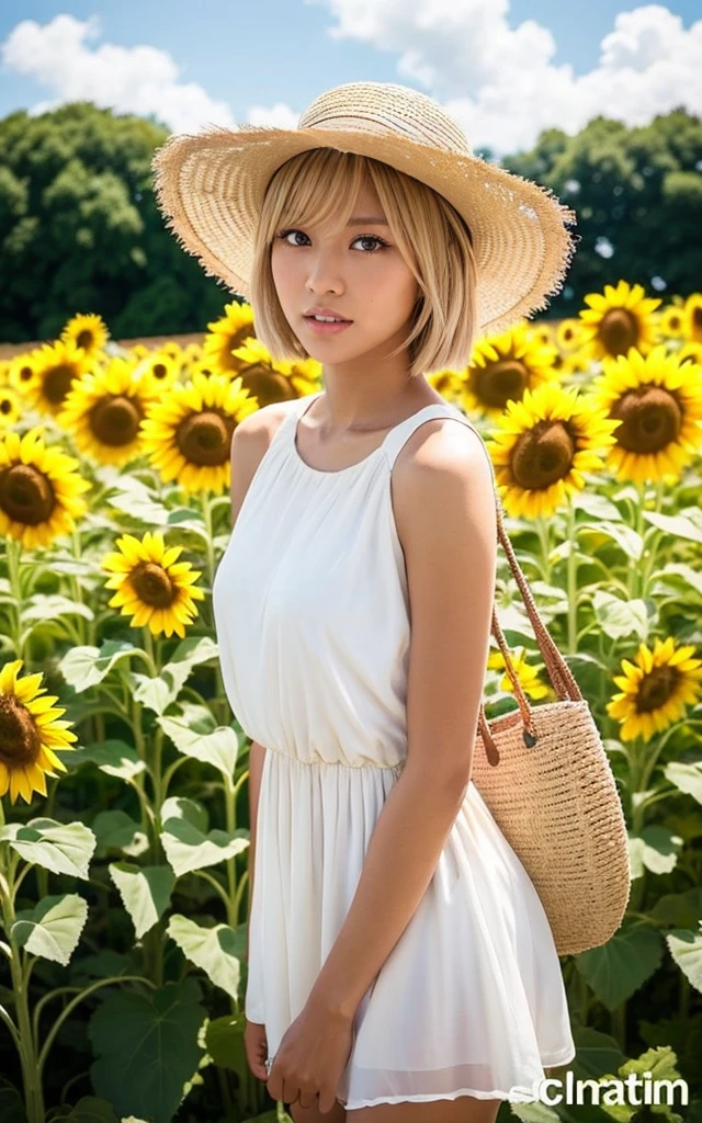 gyaru, dark-skinned, shiny oiled skin, blond hair, short cut hair, wearing white simple dress, wearing straw hat, standing in the Sunflower field, sunshine, blue sky, cumulonimbus clouds background, cinematic lighting, in the summer