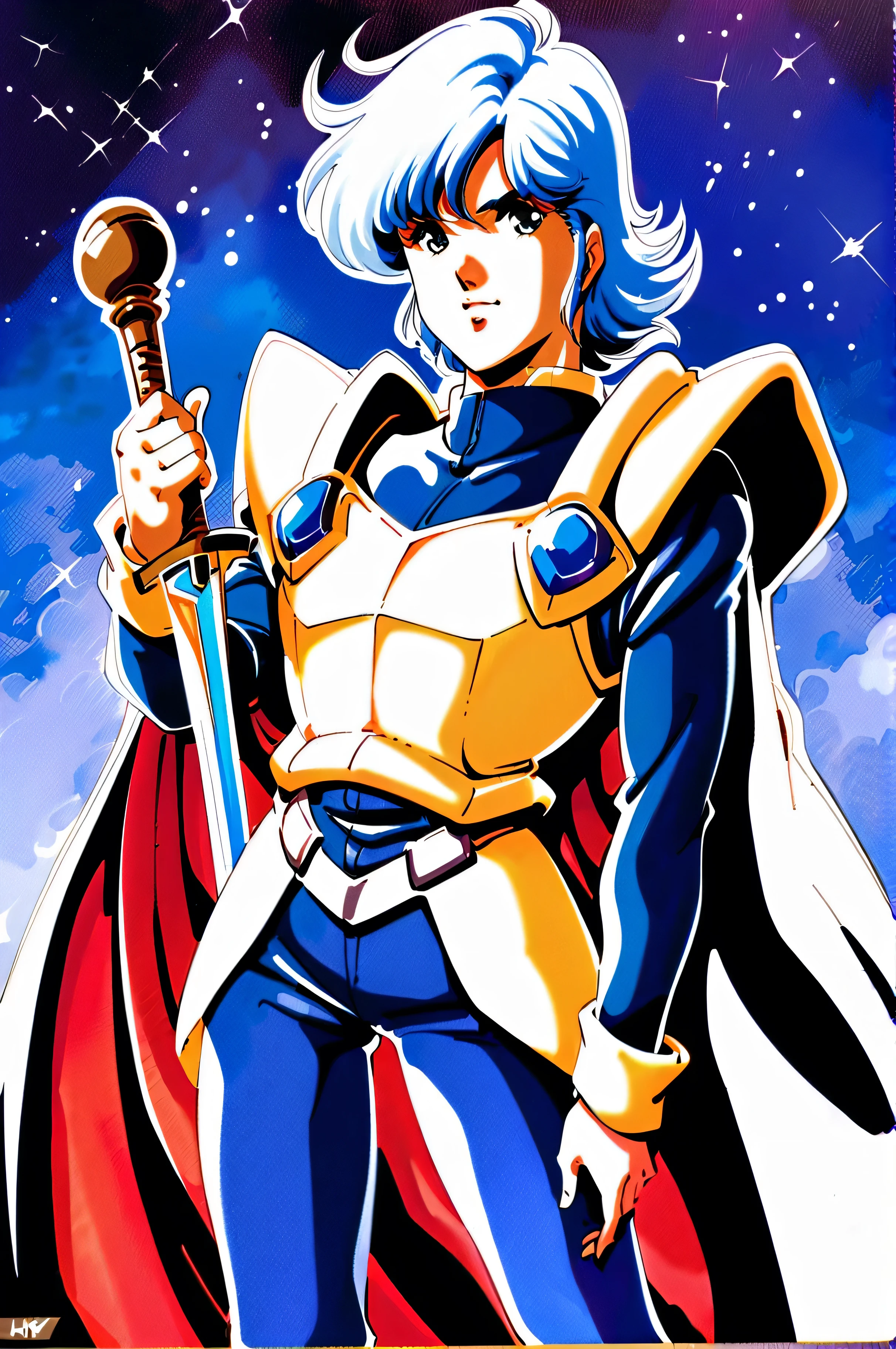 1guy, 1980s (style), retro artstyle, short hair, light blue hair, solo, white cape, breastplate with shoulder armour, white breastplate, white waist armour, white boots, hand on hilt, planted sword, holding sword, white sword, dark blue pants, long sleeves, dark blue sleeves, traditional media, watercolor (medium), full portrait, looking at viewer, futuristic background