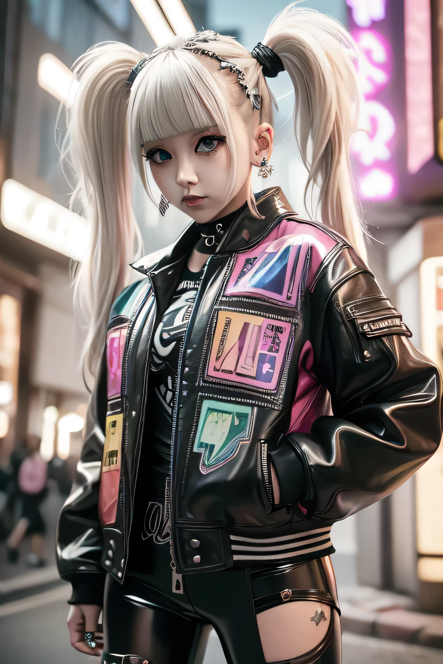 Wearing a punk leather jacket, leather trousers, beautiful woman, blonde pigtails, big beautiful eyes, big eyelashes, heavy make-up, musical notes and staves around her.