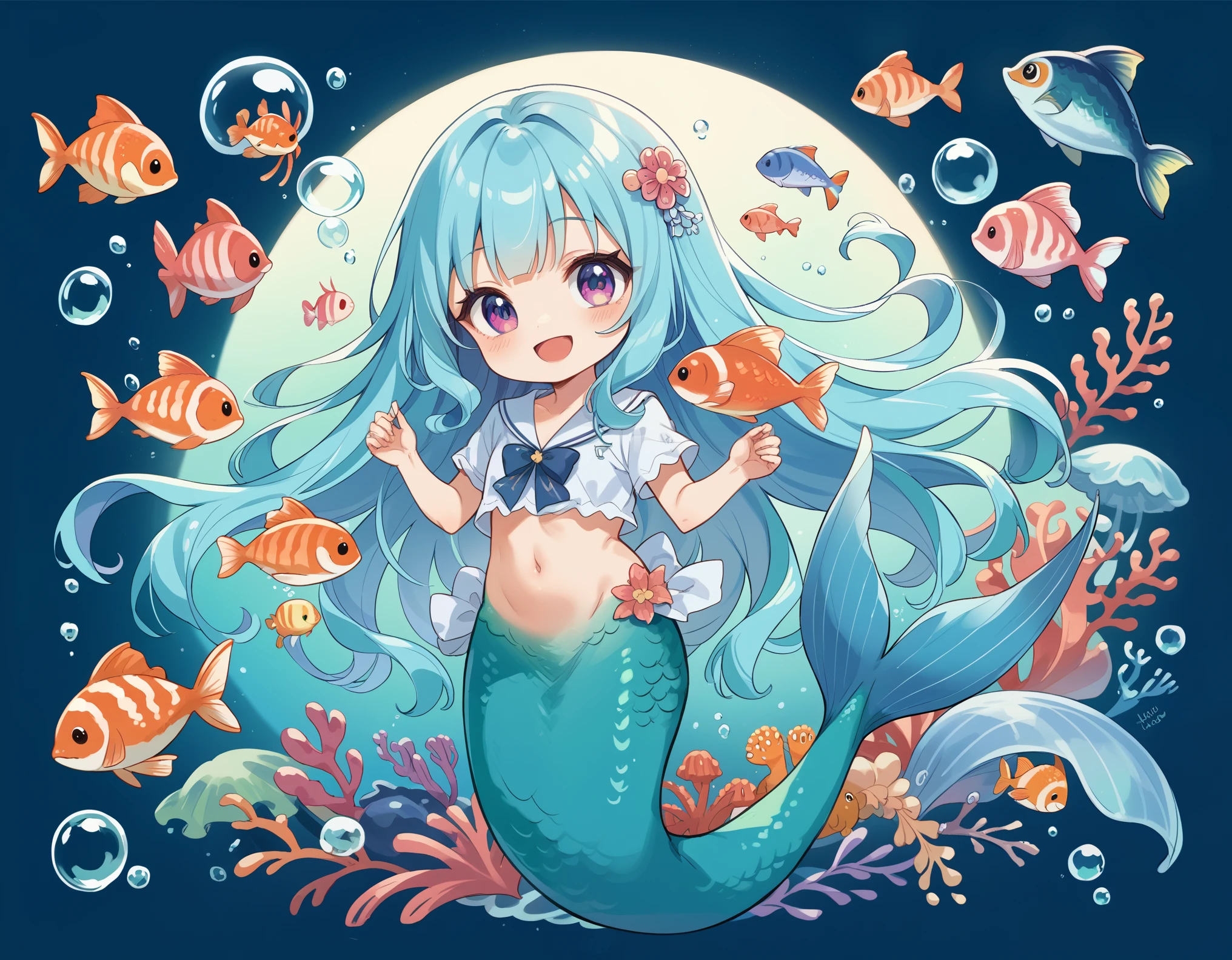 A sticker of a kawaii mermaid with a shiny tail in green and blue tones, Swimming among bubbles and fish. A thick white border frames the scene to create an adorable sticker