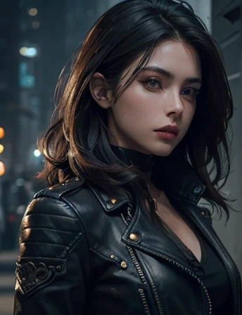 a woman in a leather jacket, detailed face, beautiful detailed eyes, beautiful detailed lips, extremely detailed eyes and face, long eyelashes, intricate leather jacket, dynamic pose, cinematic lighting, dramatic shadows, moody color palette, photorealistic, 8k, best quality, masterpiece