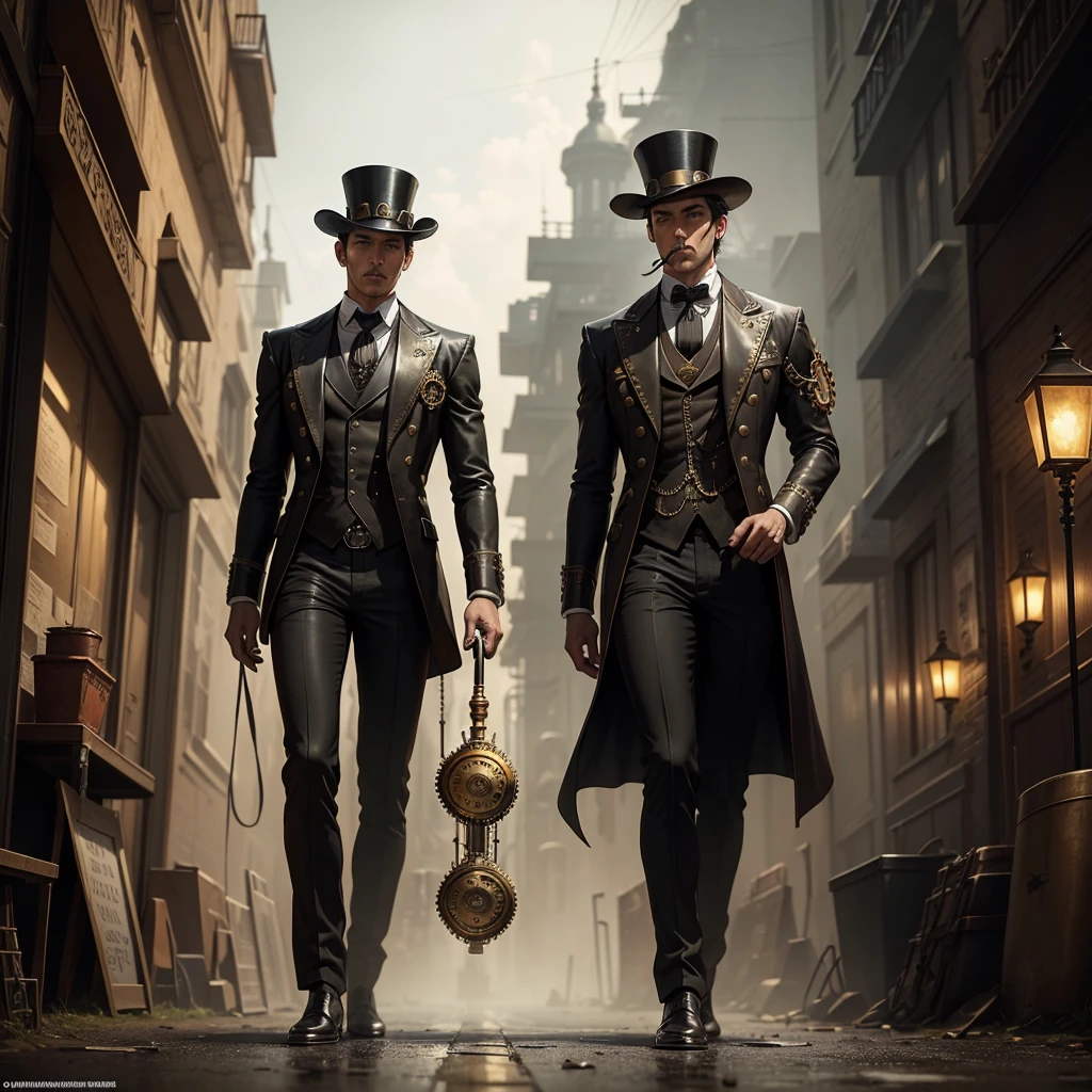 Create a dark and surreal steampunk artwork featuring a solitary man standing in the middle of a deserted street. The man should be wearing a vintage, dark suit, a top hat, and holding a cane. The scene should be moody and atmospheric with a dark color palette, rich in intricate steampunk details. Incorporate floating saxophones and antique clocks throughout the scene, making them appear as if they are suspended in mid-air. The saxophones should have a shiny, metallic appearance with steampunk gears and pipes attached to them. The clocks should have visible, ornate mechanisms and be floating at various angles. The background should be filled with dense fog or mist, with a touch of psychedelia, to create a sense of mystery and abandonment. Include mechanical gears and brass elements subtly in the environment to enhance the steampunk theme