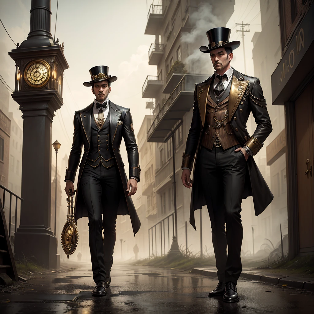 Create a dark and surreal steampunk artwork featuring a solitary man standing in the middle of a deserted street. The man should be wearing a vintage, dark suit, a top hat, and holding a cane. The scene should be moody and atmospheric with a dark color palette, rich in intricate steampunk details. Incorporate floating saxophones and antique clocks throughout the scene, making them appear as if they are suspended in mid-air. The saxophones should have a shiny, metallic appearance with steampunk gears and pipes attached to them. The clocks should have visible, ornate mechanisms and be floating at various angles. The background should be filled with dense fog or mist, with a touch of psychedelia, to create a sense of mystery and abandonment. Include mechanical gears and brass elements subtly in the environment to enhance the steampunk theme