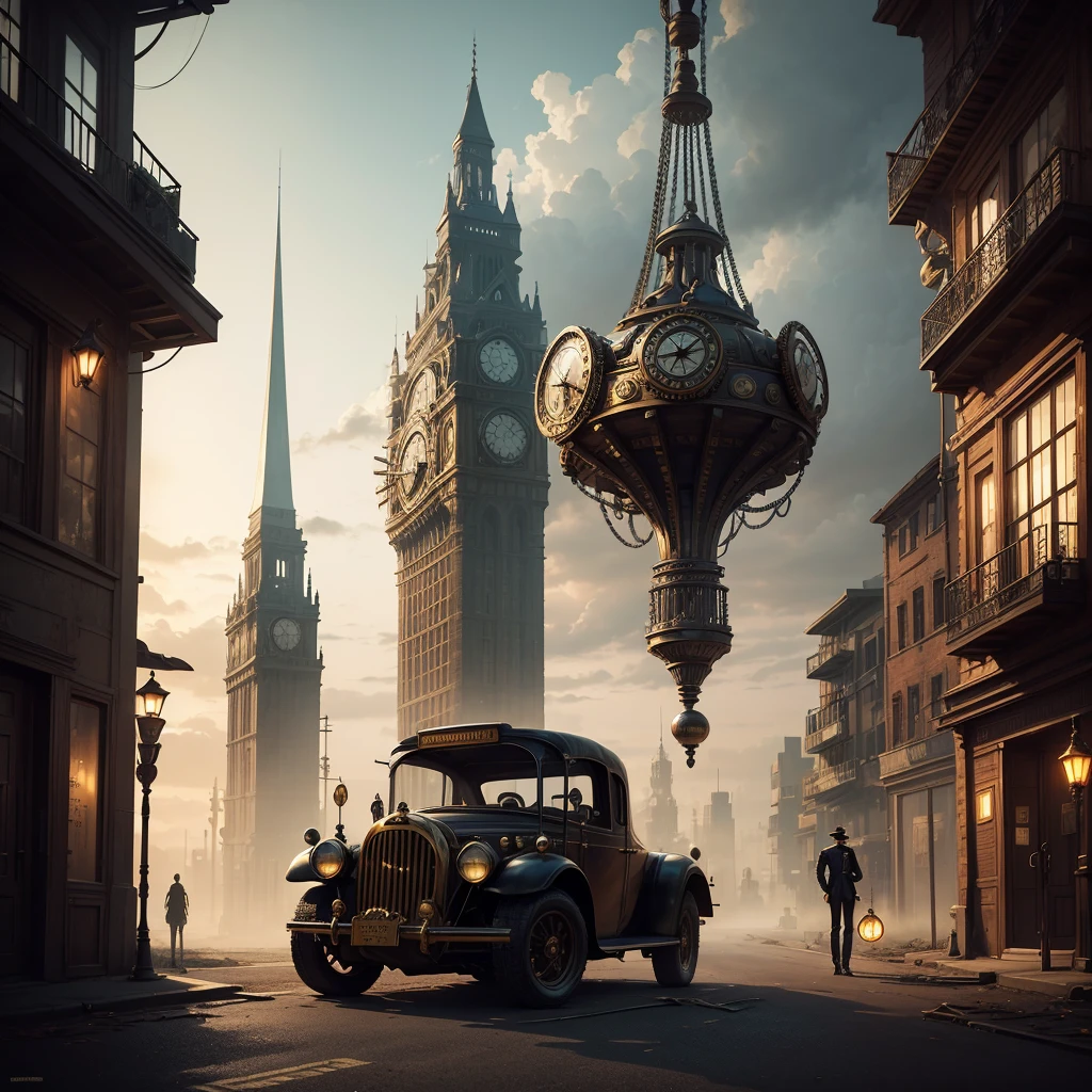 Create a dark and surreal steampunk artwork featuring a solitary man standing in the middle of a deserted street. The man should be wearing a vintage, dark suit, a top hat, and holding a cane. The scene should be moody and atmospheric with a dark color palette, rich in intricate steampunk details. Incorporate floating saxophones and antique clocks throughout the scene, making them appear as if they are suspended in mid-air. The saxophones should have a shiny, metallic appearance with steampunk gears and pipes attached to them. The clocks should have visible, ornate mechanisms and be floating at various angles. The background should be filled with dense fog or mist, with a touch of psychedelia, to create a sense of mystery and abandonment. Include mechanical gears and brass elements subtly in the environment to enhance the steampunk theme