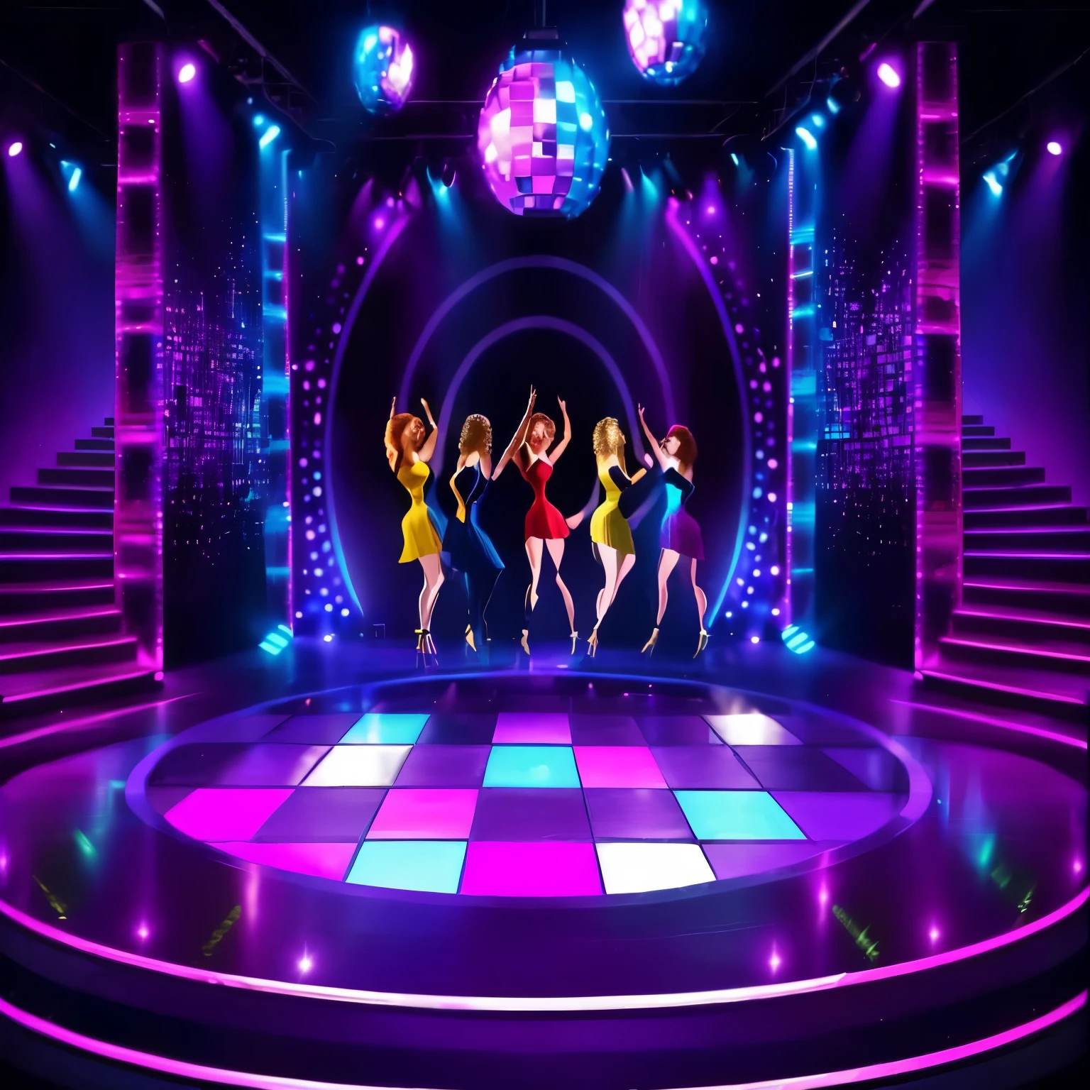a group of women dancing on a dance floor in a disco club, nightclub dancing inspired, disco party, dance hall background, nightclub background, nightclub, dance club rave, night club, dance , dancefloor, dance music show, ibiza nightclub dancing inspired, people dancing in background, in a nightclub, music show, dance scene, disco lighting, theater dance scene