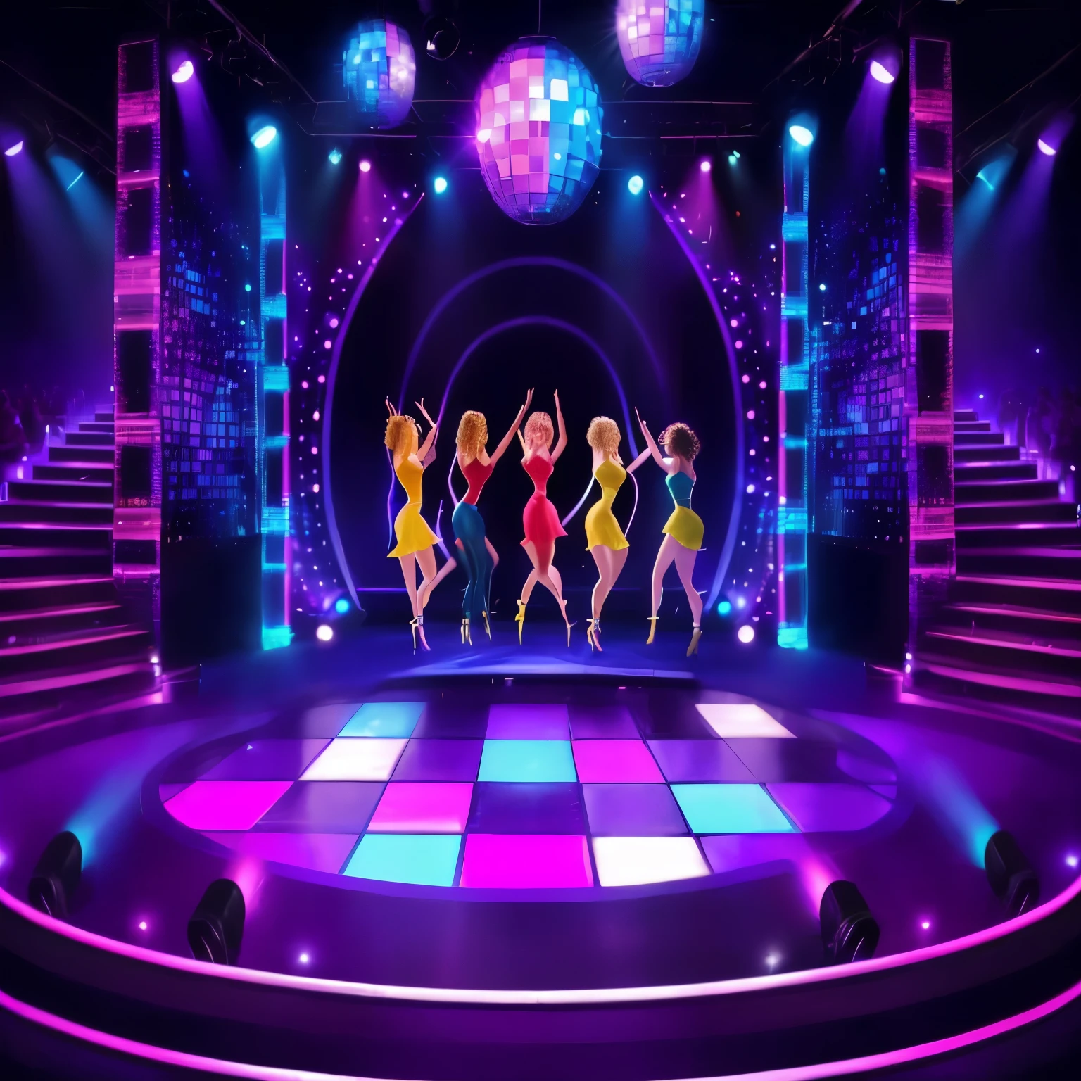 a group of women dancing on a dance floor in a disco club, nightclub dancing inspired, disco party, dance hall background, nightclub background, nightclub, dance club rave, night club, dance , dancefloor, dance music show, ibiza nightclub dancing inspired, people dancing in background, in a nightclub, music show, dance scene, disco lighting, theater dance scene