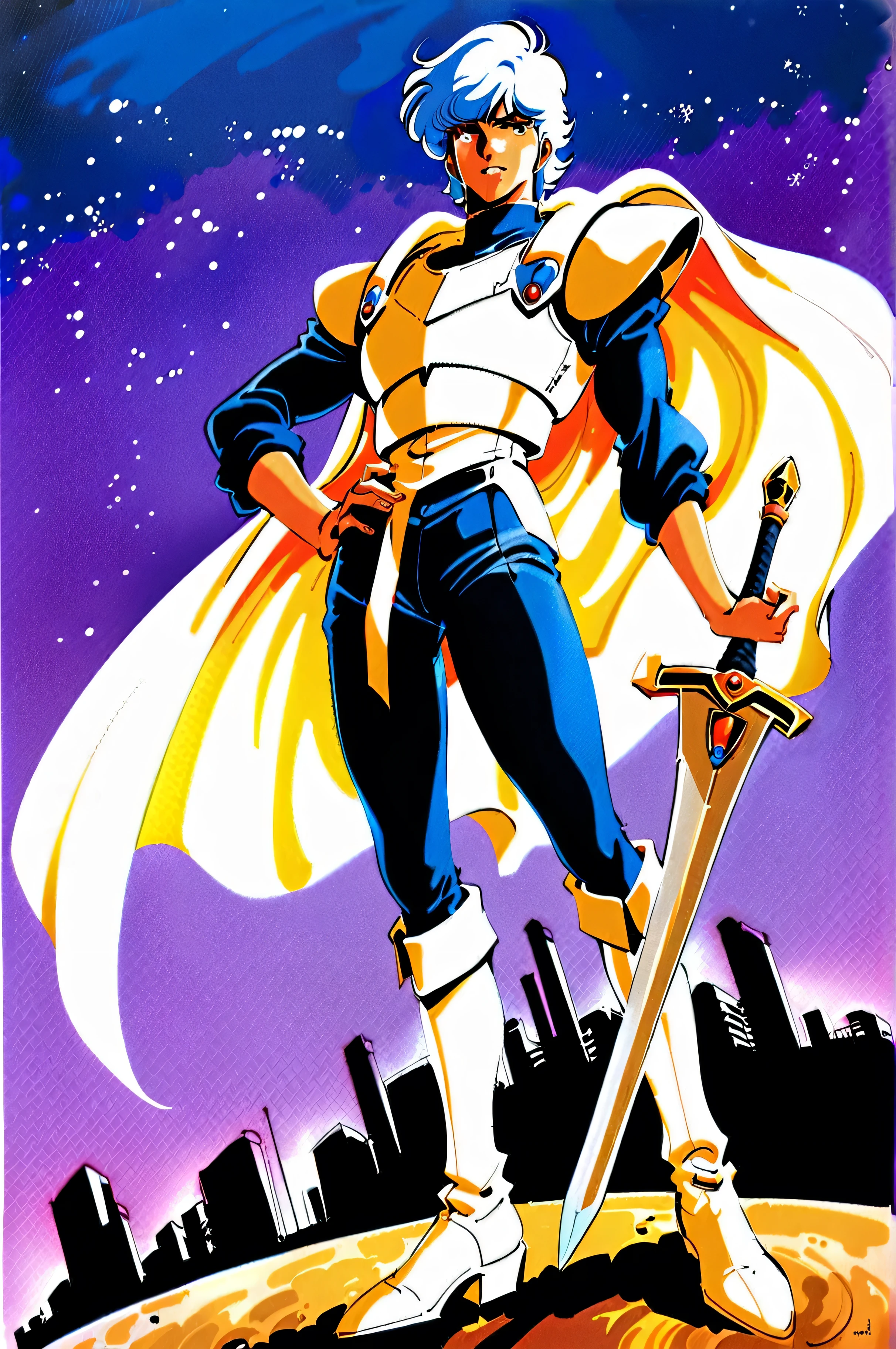 1guy, 1980s (style), retro artstyle, short hair, light blue hair, solo, white cape, breastplate with shoulder armour, white breastplate, white waist armour, white boots, hand on hilt, planted sword, holding sword, white sword, dark blue pants, long sleeves, dark blue sleeves, traditional media, watercolor (medium), full portrait, looking at viewer, futuristic background