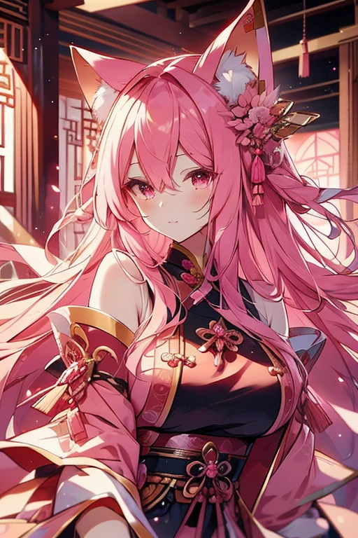 Pink cat ears, Pink cat tail, messy hair, long hair, pink hair, pinkish-red clothes, pink eyes, slight blush, happy face, slight make-up, Pinkish-red ancient chinese clothes, black nightgown, masterpiece details, perfect detailed, beautiful detailed, best effects