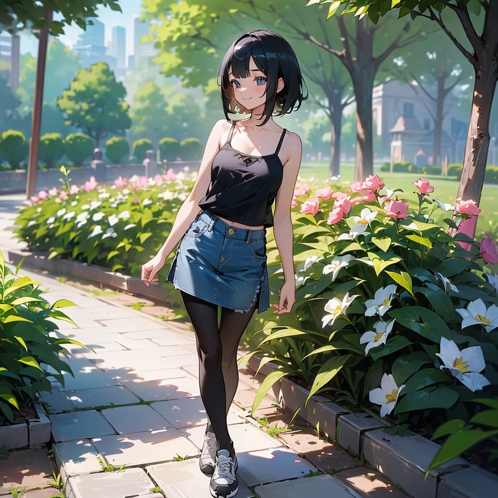 (high quality, High resolution, Very detailed, reality:1.37), Peaceful atmosphere, (Outdoor, garden), age girl standing alone, (my breasts are big.), Beautiful details, Cute Smile, (Black bob hair), camisole, Denim skirt, Black tights, sneakers.