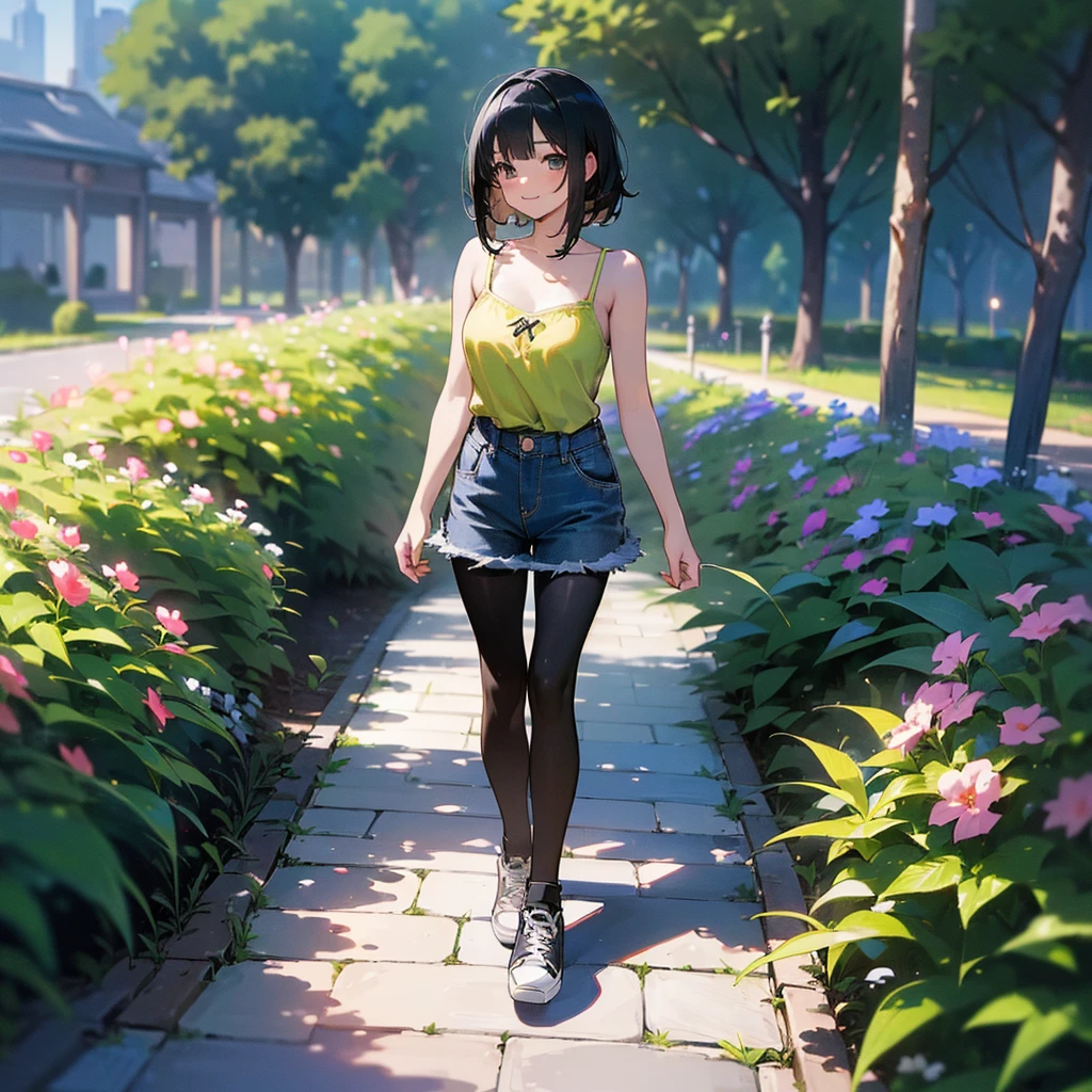 (high quality, High resolution, Very detailed, reality:1.37), Peaceful atmosphere, (Outdoor, garden), Teenage girl standing alone, (my breasts are big.), Beautiful details, Cute Smile, (Black bob hair), camisole, Denim skirt, Black tights, sneakers.