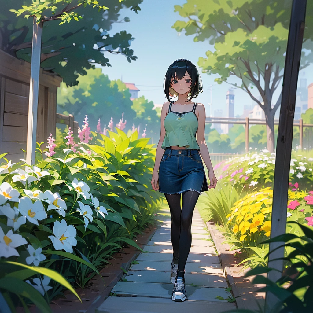 (high quality, High resolution, Very detailed, reality:1.37), Peaceful atmosphere, (Outdoor, garden), Teenage girl standing alone, (my breasts are big.), Beautiful details, Cute Smile, (Black bob hair), camisole, Denim skirt, Black tights, sneakers.