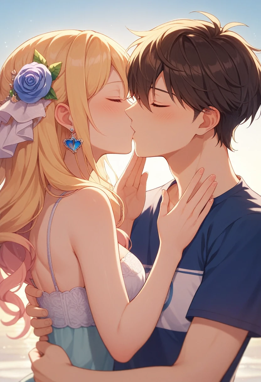 Beautiful long blonde Princess in a pink dress Gold Tiara Long sleeve Shyness fellatio sidefellatio from side 1boy 1girl peniswearing collar