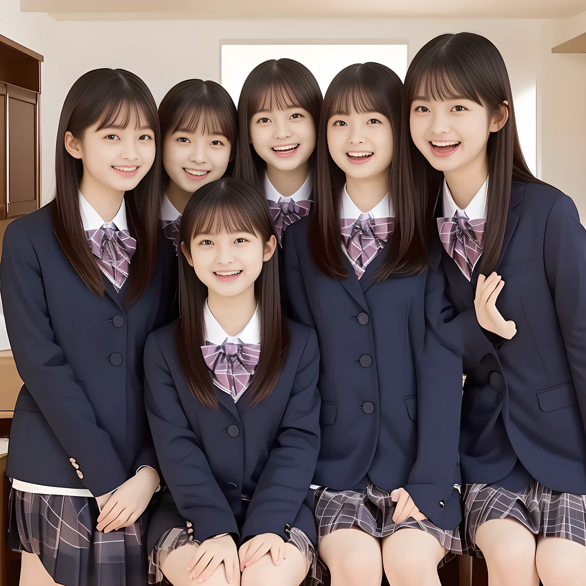 (Highest quality, masterpiece:1.2), Highest quality, High resolution, 1080P, 8k, height: 158cm, ((Noble, graceful and intelligent yo Japanese young idles who have a best proportion are seated and singing chorus and laughing at me!: 1.5)), ((So sweet, very noble, neat, and pretty 14 Japanese beautiful fashion magazine models are surrounding me and looking gracefully at me: 1.6)), ((((Very pure white face and limbs)))), Glossy Lips, (Evenly cut curled bangs), ((Very beautiful, droopy, cute, pure, noble, intelligent brown eyes with detailed: 1.6)), ((Super long, black straight hair )), (Very shiny, glossy Lips), ((Beautiful straight hair like a school promotion model)), Watch at you, ((Incredibly well organized, Rich facial expressions)), ((Plump and beautiful white skin and face)), ((Pure, clear, gentle brown eyes)), ((staring at me)), Glossy Lips, ((Noble and elegant)), Very beautiful blue skirt, ((Large upward-curving lips)), ((((Navy gorgeous Japanese school blazer with noble golden emblem)))), ((Navy and sapphire blue Japanese school gorgeous uniform)), ((Tartan check pattern dark blue pleated long gorgeous skirt)), ((Cobalt blue string chest ribbon)), ((((An ecstatic expression of boundless joy)))), (((Beauty and fashion magazine for young girls))), ((Cute beautiful knees)), ((Well-shaped ample breasts)), ((Tilting his head and smiling)), ((In a dark room: 1.5)), (Laughing loudly holding your stomach because the viewer is too funny: 1.0), ((Too beautiful women to stop falling into them: 1.6)), ((they are in fact succubi and seated with strong temptation))